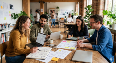 Agency team collaborating at a table with project artifacts