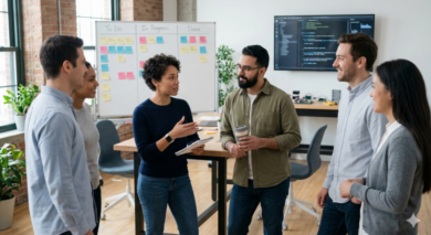 Design studio standup discussing speed optimization tasks