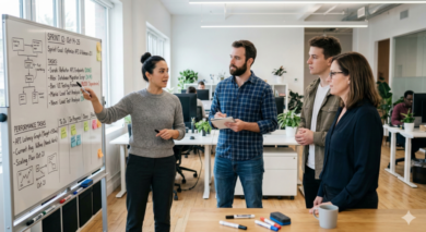 Standup Whiteboard Team standup next to a whiteboard with performance action items